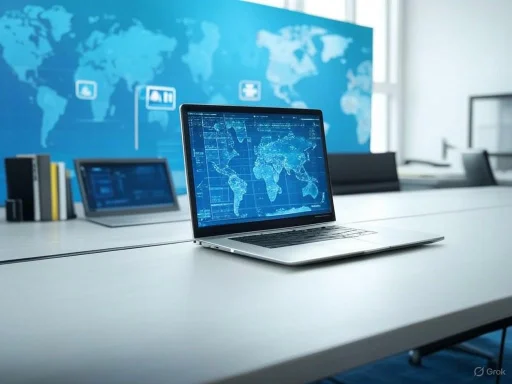 A laptop displaying a digital world map is on a conference table, with a large world map on the wall behind.