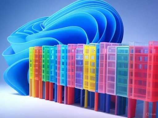Colorful, translucent plastic storage drawers and a large blue abstract shape in the background.