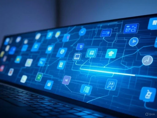 A digital interface with interconnected app icons and data flow, emphasizing technology and data networking.