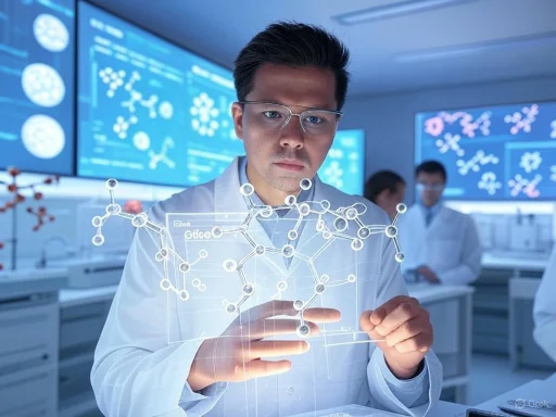 Scientist analyzing molecular structure with holographic data in a high-tech laboratory.