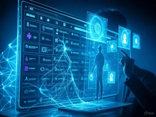 A person interacts with a holographic digital interface displaying a human figure and various data icons.