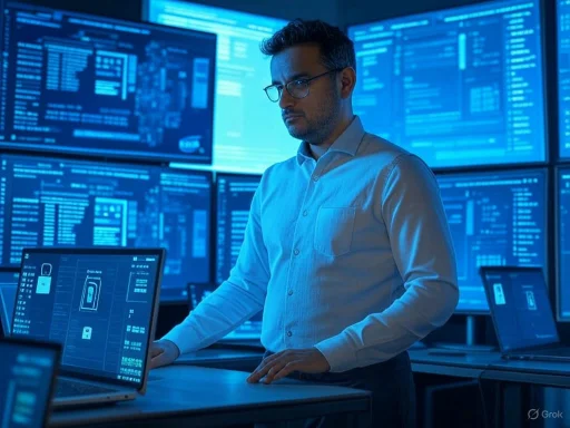 A man in a white shirt with glasses works in a high-tech cybersecurity or data analysis environment with multiple screens displaying digital interfaces.