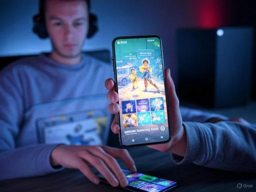 A young person with headphones holds a smartphone displaying a colorful game or app, while another phone rests on the table.