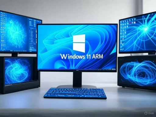 A computer setup with multiple monitors displaying Windows 11 ARM, surrounded by glowing blue digital graphics.