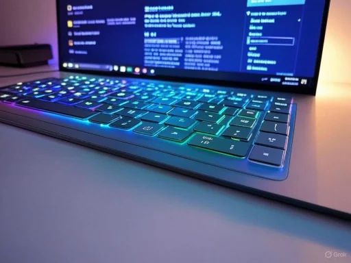A close-up of a laptop with a backlit, colorful keyboard and a screen displaying code or a command-line interface.
