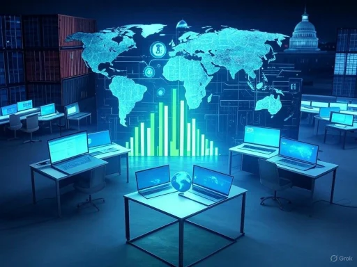 A high-tech control room with multiple laptops, a digital world map, and data visualizations indicating global connectivity.