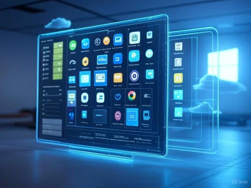 A virtual 3D hologram display of a digital interface with app icons and data charts.