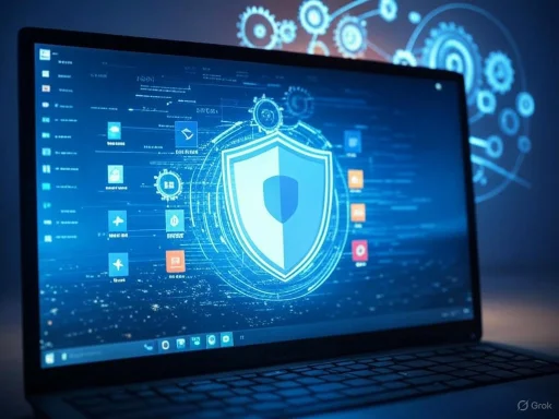 A digital security shield icon displayed on a laptop screen, surrounded by futuristic holographic graphics.