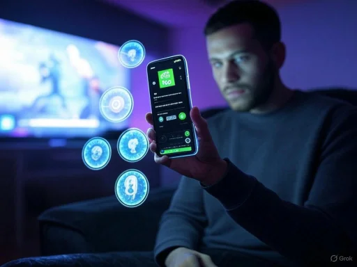 A person holding a smartphone with a gaming app, surrounded by floating digital brain icons in a dark room.