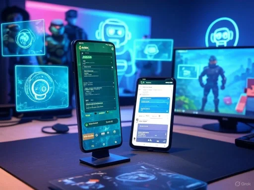 Dual smartphones display a chat and settings in front of gaming screens and VR avatars in a tech-enabled gaming setup.