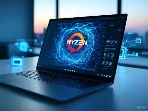 A laptop displaying Ryzen branding with a digital network background in a modern office setting at dusk.