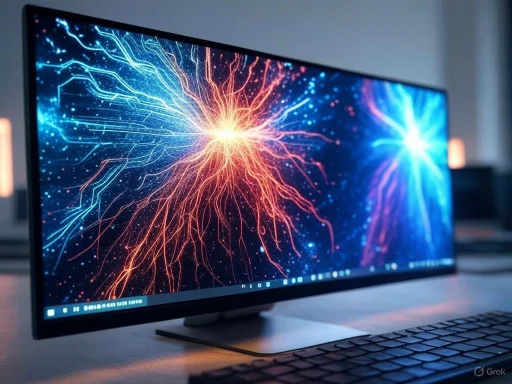 A computer monitor displays a vibrant digital depiction of cosmic or neural energy explosions in blue, orange, and red.