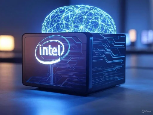 A computer hardware chip with the Intel logo, emitting a digital neural network glow above it.