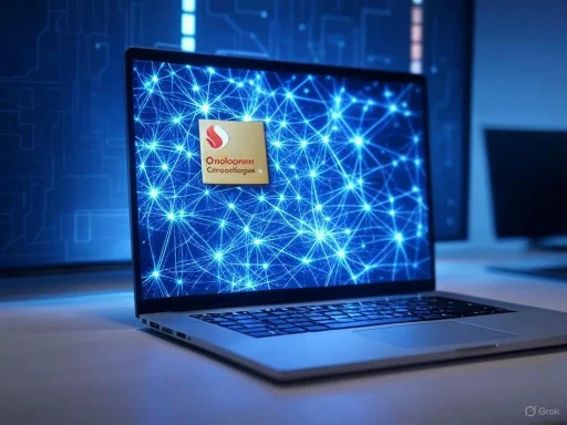 A laptop displaying a digital network with the OnololannT logo on the screen in a high-tech environment.
