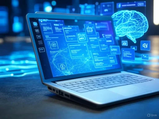 A laptop displaying a digital brain and interconnected data diagrams, suggesting AI or neuroscience research.