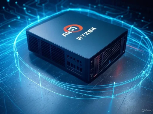 A compact AMD Ryzen mini PC surrounded by digital blue holographic lines and circuits.