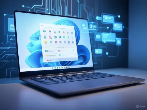 A laptop displaying a colorful app interface against a digital tech-themed background with floating data blocks.
