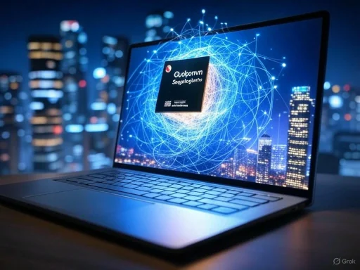 A laptop displays a floating chip with a digital network and cityscape background at night.