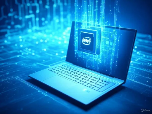 A futuristic digital scene with a laptop displaying an Intel chip, surrounded by glowing data streams and circuits.