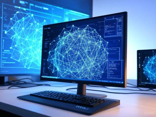 Computer screens displaying digital neural network or data visualization graphics with interconnected nodes and lines.