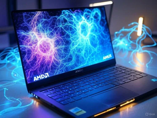 A gaming or high-performance laptop displaying a neon electric-themed wallpaper with AMD branding.
