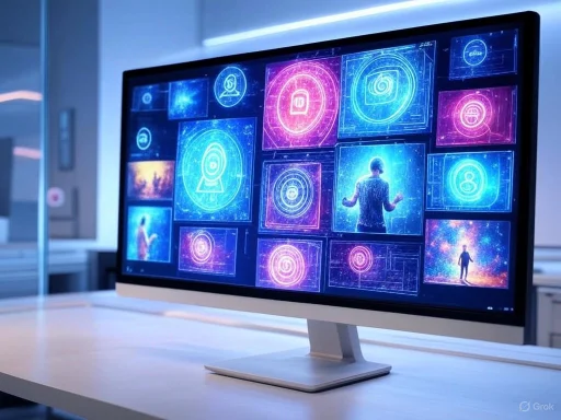 A futuristic digital interface displaying various holographic images and icons related to technology and innovation.