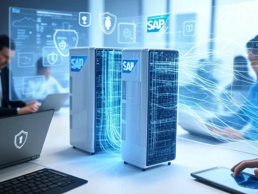 SAP servers with digital data streams and security icons, symbolizing cybersecurity and data management.
