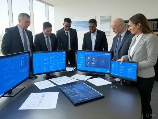 A diverse group of professionals discusses data on multiple computer screens in a modern office. A diverse group of professionals discusses data on multiple computer screens in a modern office.