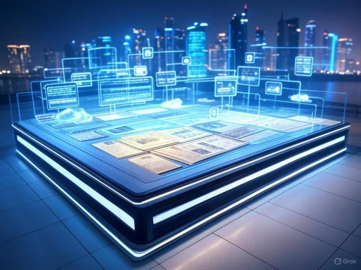 A futuristic, illuminated digital display table showcasing floating digital documents and icons against a city skyline at night.