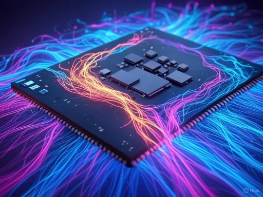 A microchip emitting colorful digital energy streams, symbolizing advanced technology and data processing. A microchip emitting colorful digital energy streams, symbolizing advanced technology and data processing.