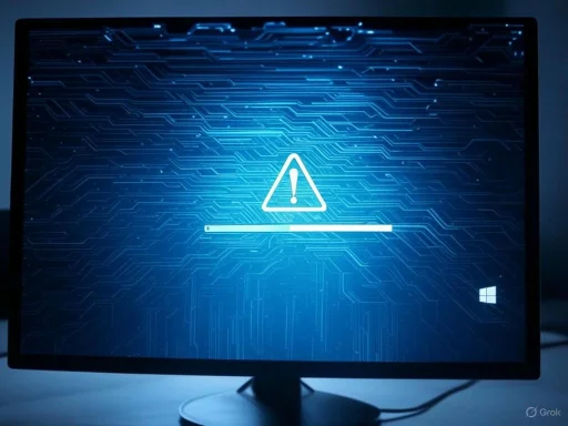 A Windows computer displays a blue screen with a warning icon and a progress bar, indicating a system error or update. A Windows computer displays a blue screen with a warning icon and a progress bar, indicating a system error or update.