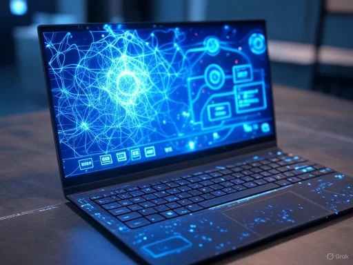 A laptop displaying holographic digital interface with neural network and data visualization graphics.