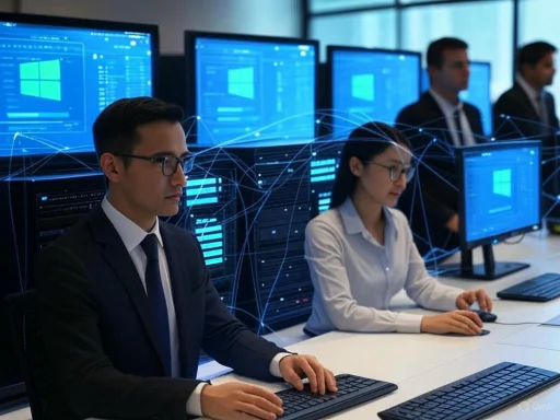 Businesspeople working on computers in a high-tech office setting with digital network graphics.