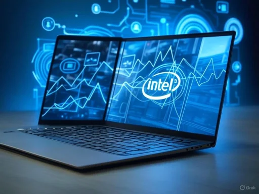 A laptop displaying the Intel logo with digital graphs and futuristic technology graphics in the background.