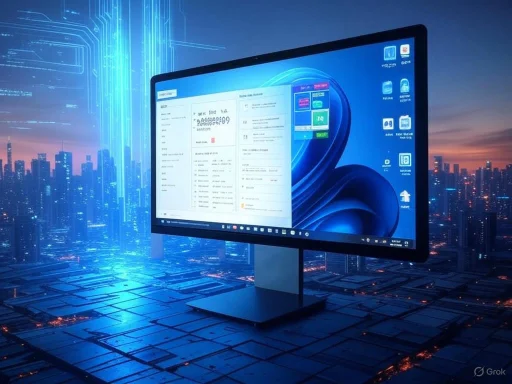 A digital cityscape background with a large computer monitor displaying a desktop interface and digital data overlays.