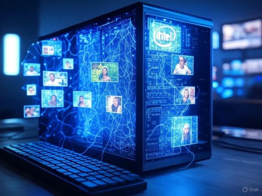 A computer with a transparent side panel displays facial recognition technology analyzing multiple people's images and data.