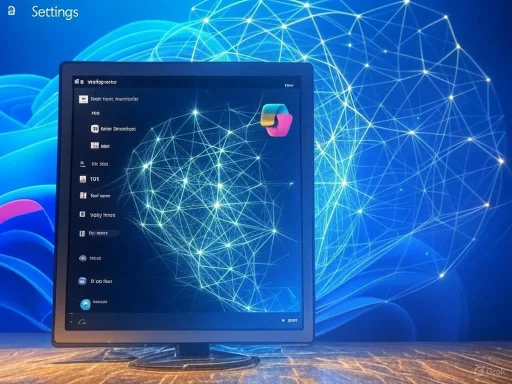 A computer monitor displays settings menu against a digital network-themed blue background.