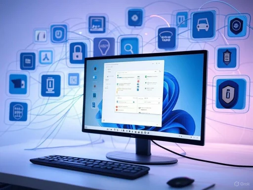 A computer monitor displays a dashboard with connected app icons and digital security symbols in a tech-themed setting.