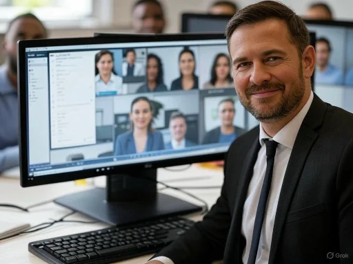 A man in a suit smiles at his computer screen during a video conference with multiple participants.