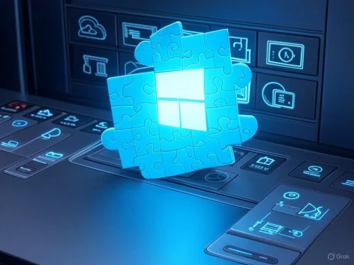 A digital puzzle of a Windows logo floats above a high-tech interface with various app icons and controls.