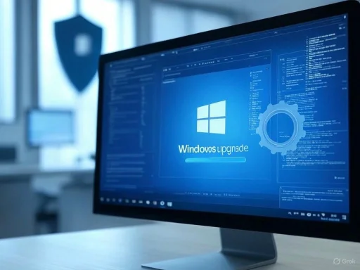 A computer monitor displays a Windows upgrade progress screen, with a blue background and technical interface elements.
