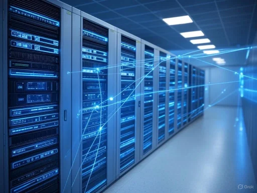 Data servers in a modern server room, connected by glowing blue lines representing digital networks.