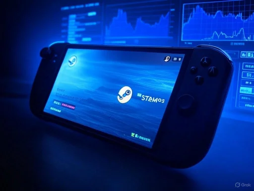 A handheld gaming device displaying the SteamOS logo in a dark room with blue digital graphs and data screens in the background.
