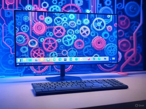 A computer monitor displaying a gear-themed digital background with a wireless keyboard in front.