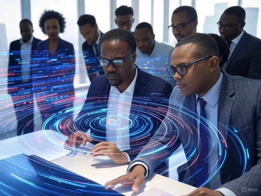 Group of professionals analyzing data with holographic digital effects in a modern office.
