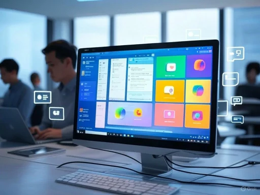 A desktop computer displaying colorful app icons and email interface in a modern office environment.