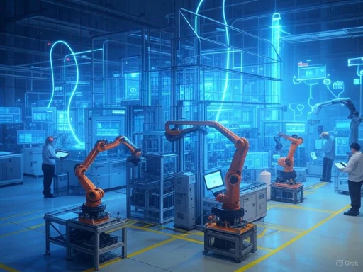 Robots and humans collaborate in a high-tech factory, working amidst futuristic machinery and glowing blue digital infrastructure.