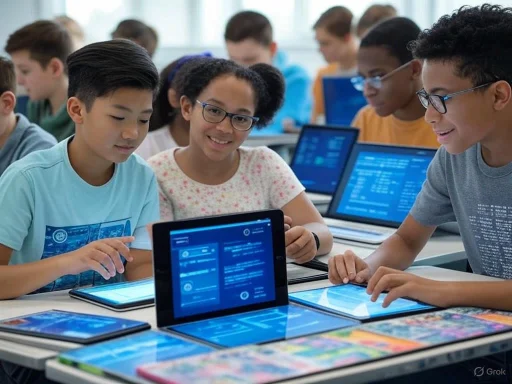 Students collaborate using tablets in a classroom with multiple laptops in the background. Students collaborate using tablets in a classroom with multiple laptops in the background.