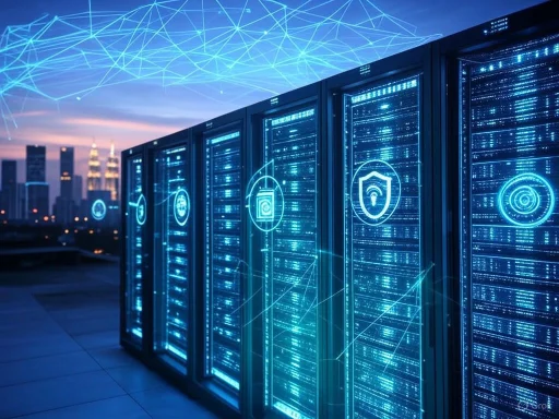 Data center servers with digital security icons and network connections at dusk.