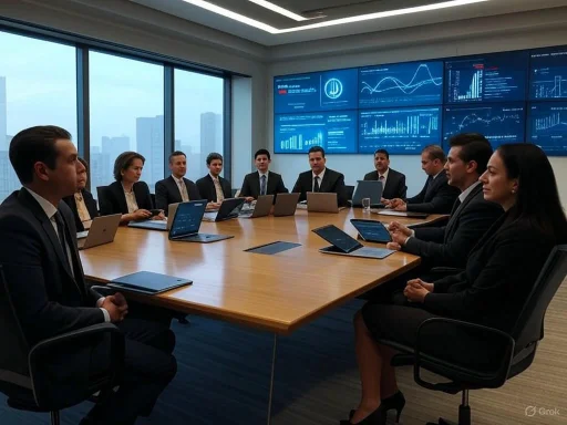 A business meeting with eleven professionals seated around a conference table, viewing financial data on large screens.
